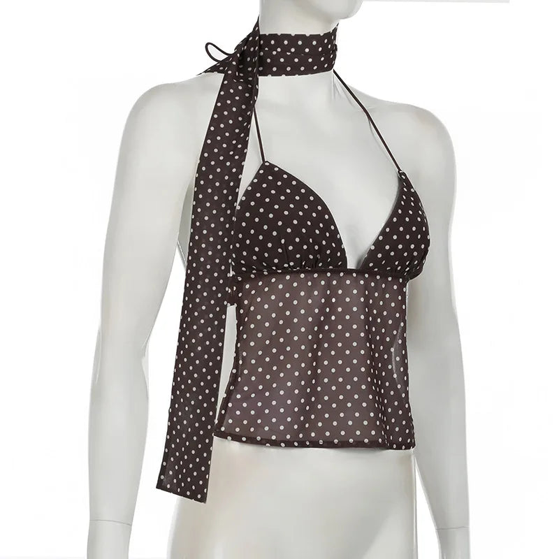 Summer Y2K Women's Polka Dot Print Sleeveless Vest Vintage Camisole with Spaghetti Strap Scarf Streetwear Top