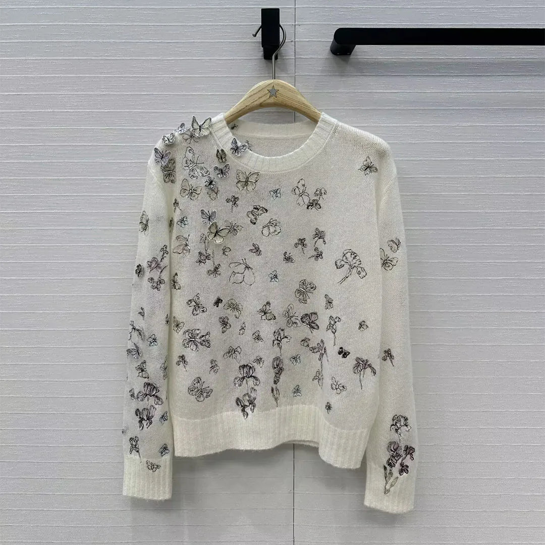 New Spring Fashion 3D Embroidery Butterfly Sweet Thin Sweater Women O-neck Long Sleeve Wool Silk Yarn Knitted Pullover