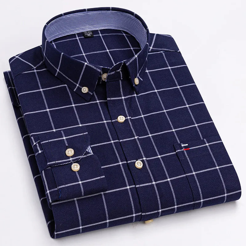 Men's Classic Plaid Oxford Long Sleeve Shirts Pocket 100% Cotton Business Casual Formal Standard Fit Workwear Button Down Shirts