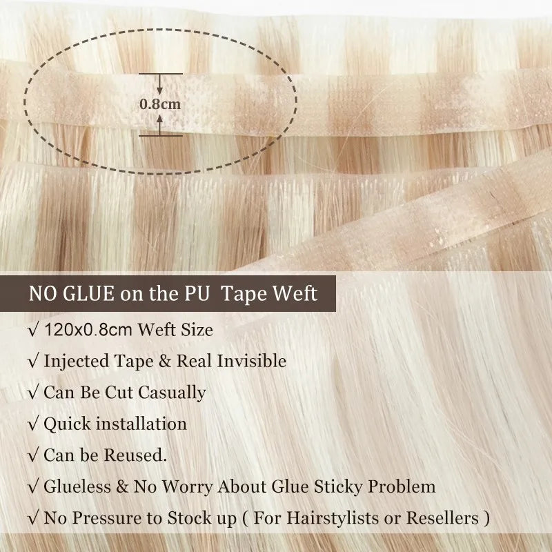 Long Flat Weft Invisible Tape Bundles Human Hair PU Skin Weft Hair Extension Injected Seamless & Glueless Tape On Hair Weft
