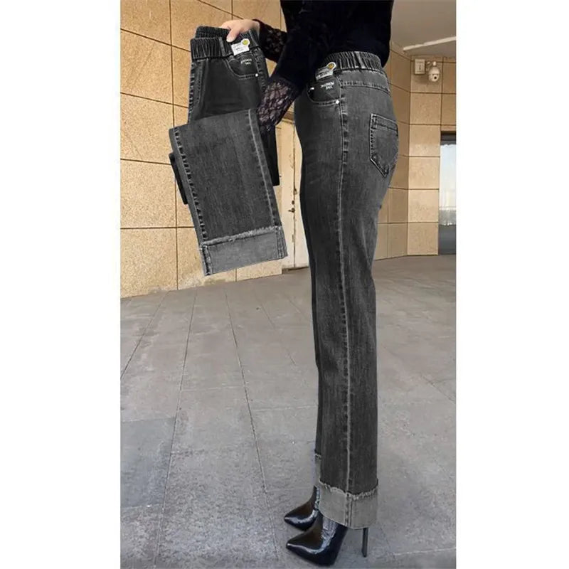 Plus Size Middle Aged Womens Jeans Elastic Waist High Waist Loose Denim Pants
