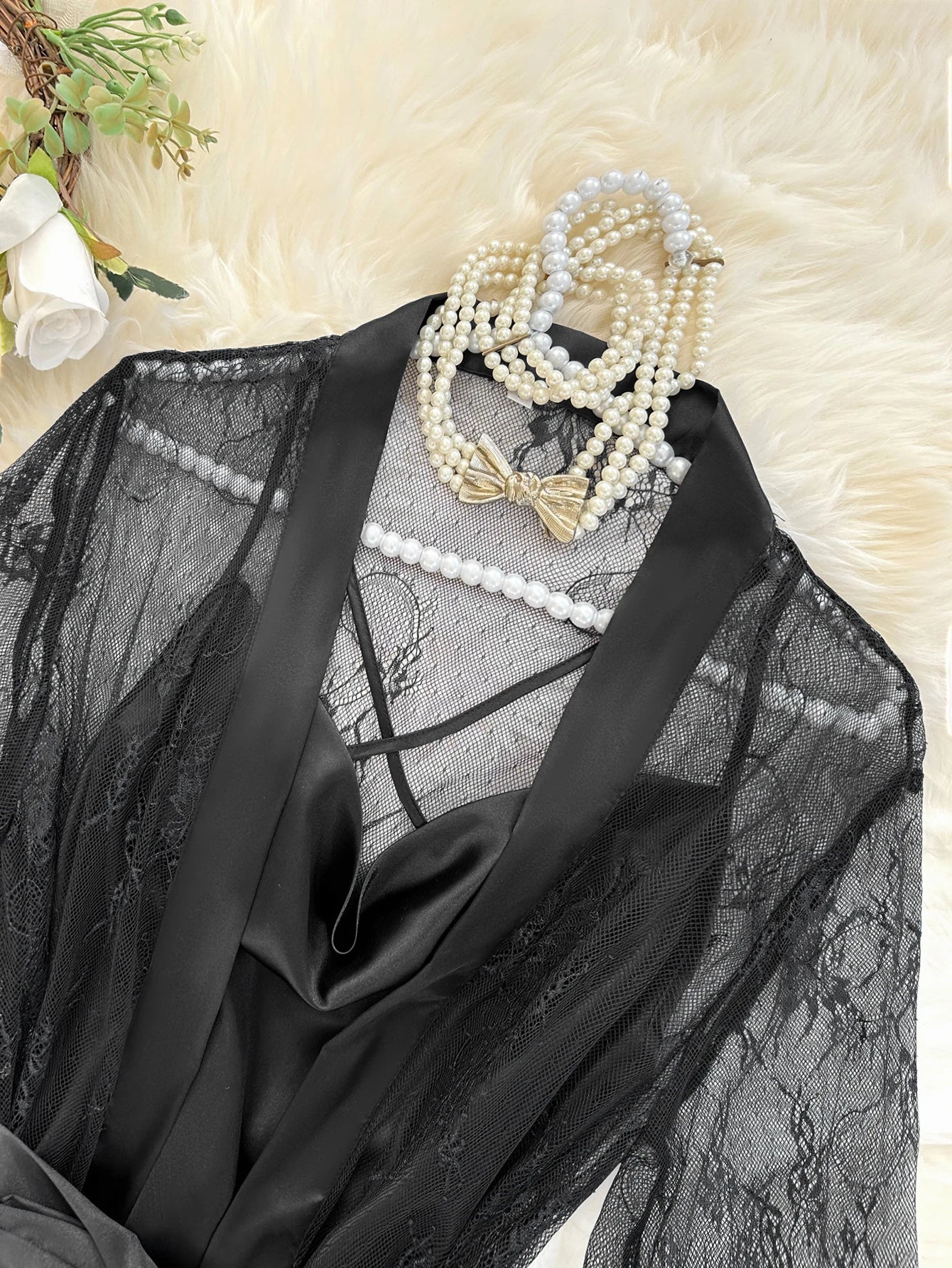 Women's 2 Piece Lace Pajamas Set Sheer Lace Robe with Belt and Crisscross Back Cami Slip Dress Sexy Nightgown Loungewear