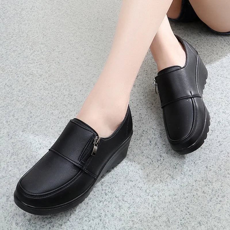 Women's Shoes Zip Womens Wedge Shoes Black Soft Sole Moms Shoes Non Slip Durable Women High Heels Comfortable Zapatos De Mujer