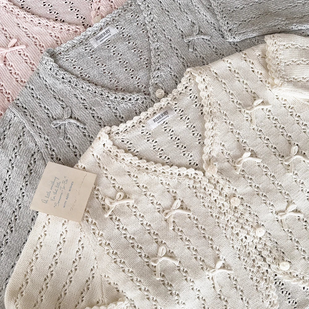 Sweet Knitted Cardigans Women Hand Crochet Bows Decoration Heart Hollow Out Sweaters for Kawaii Girls