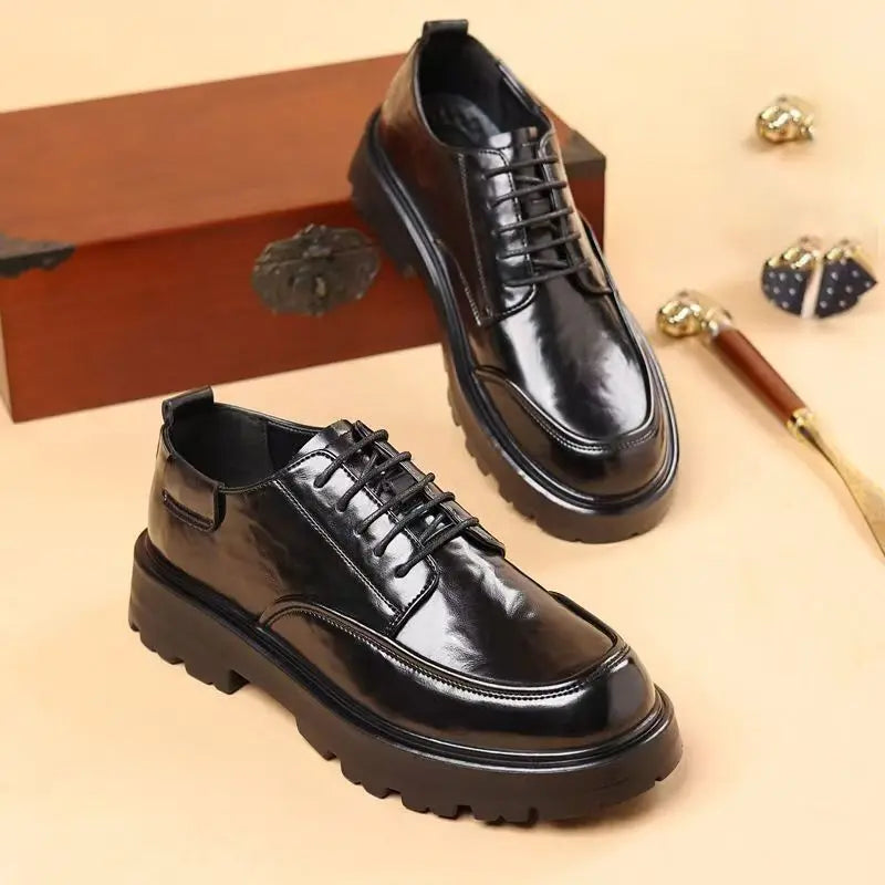 Round Toe Height Increasing Thick Sole Black Leather Shoes for Men Low Price High Quality Social Fashion New in Man Casual Shoe