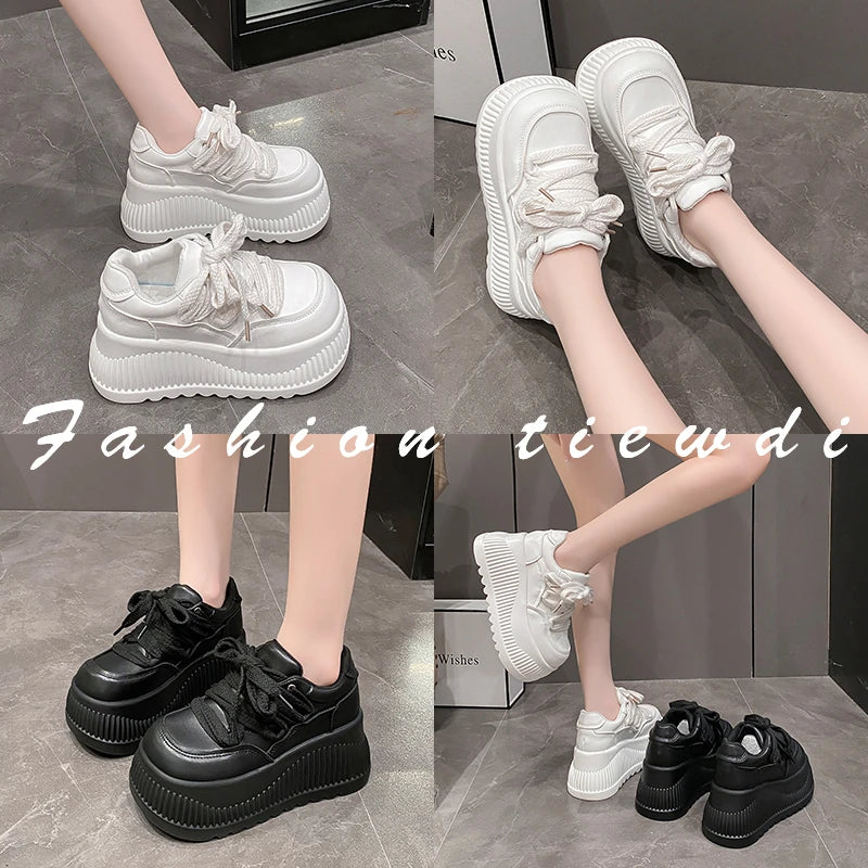 8.5CM New Synthetic Microfiber Leather Women Platform Wedge Ladies Chunky Sneakers 2024 High Brand Fashion Vulcanize Pumps Shoes