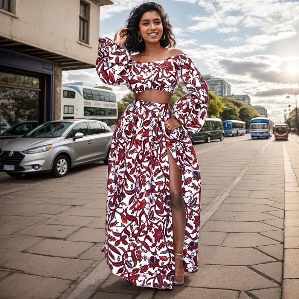 Fashion African National Women Two Piece Set Sexy Slash-neck Long Sleeve Tops +High Slit Maxi Skirt Summer Casual Ladies Suit