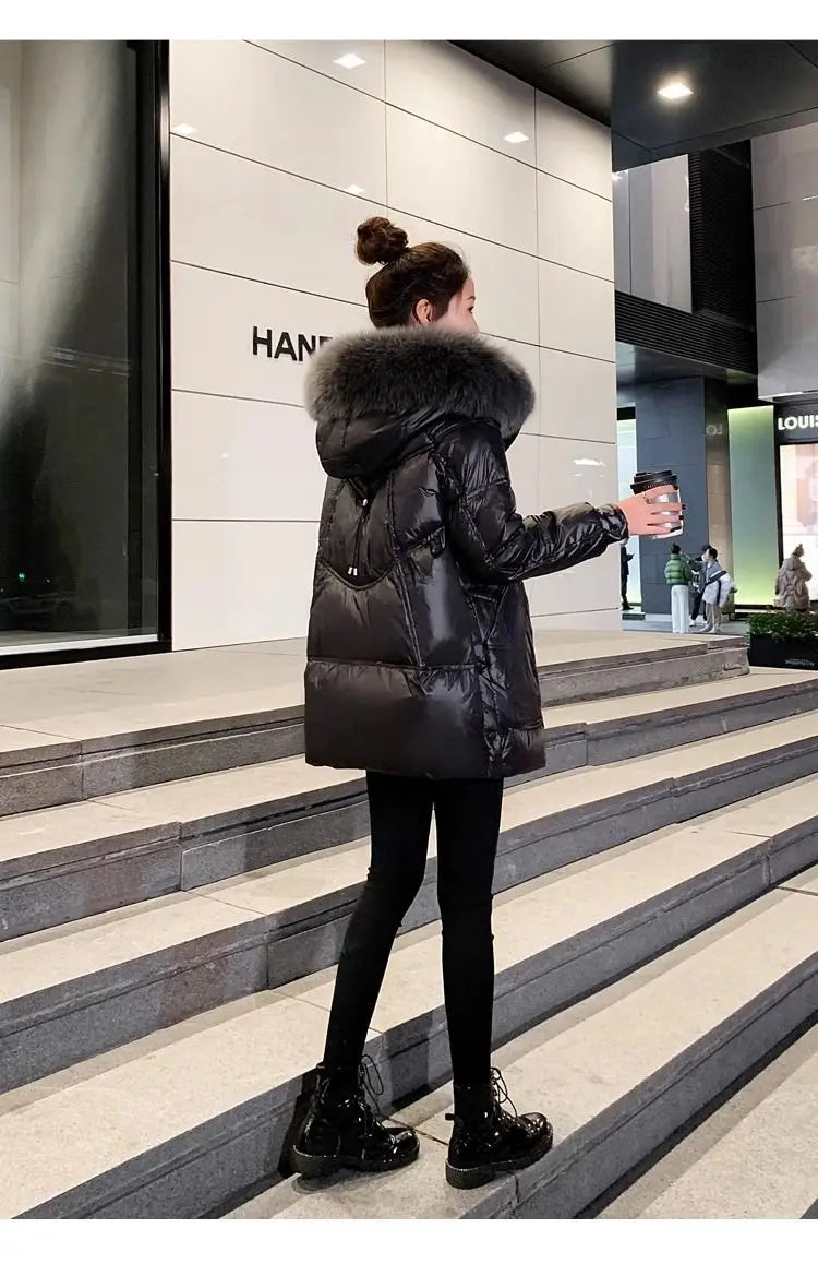 Black Down cotton Jacket Women's 2025 New Korean version Thick fur collar Loose Wash free Winter Coat Female Warm Parka Overcoat