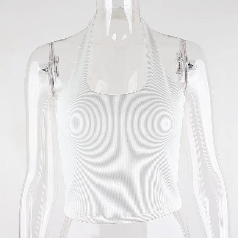White Halter Sexy Backless Tank Tops for Women Streetwear 2023 Sleeveless Ribbed Knit Vest Top Cropped Feminino