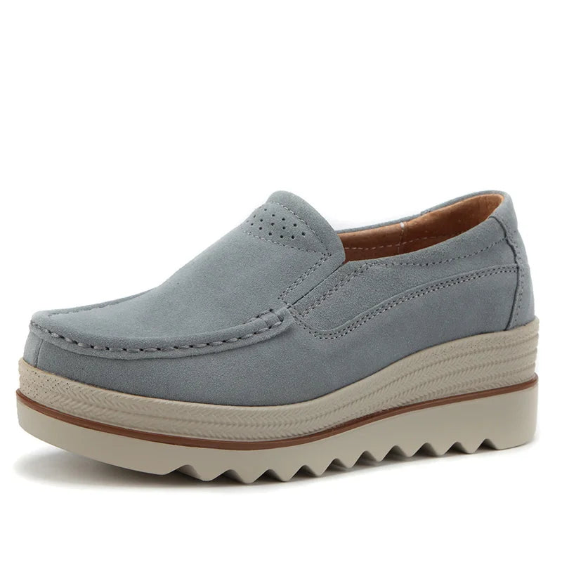 Women's Spring Autumn Genuine Leather Loafers - Fall Slip-On Round Toe Navy Platform Casual Flat Shoes