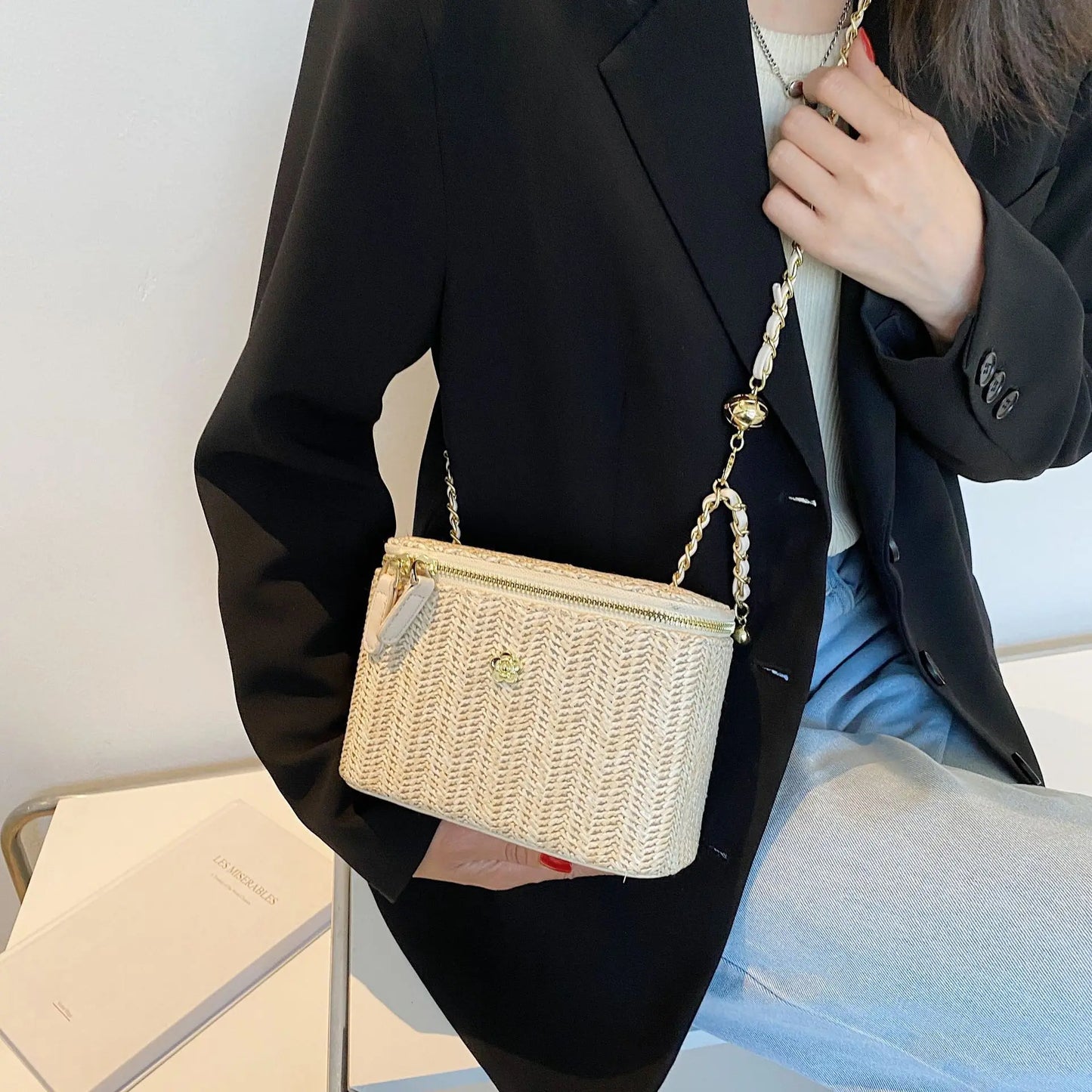2023 Mini Straw Bucket Crossbody bag For Women Summer Weave Women's Brand Handbags And Purses Fashion Chain Simple Shoulder Bags