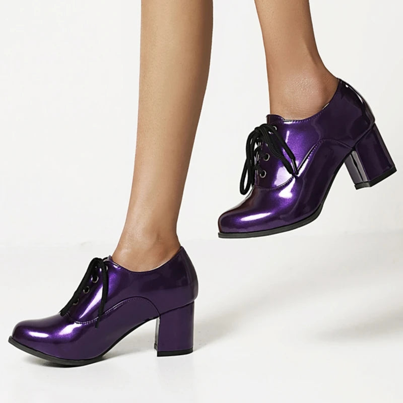 Women's Purple High Heels Loafer Shoes Fashion Lace-up Black White Block Heeled Party Wedding Office Shoes Female Big Size 45
