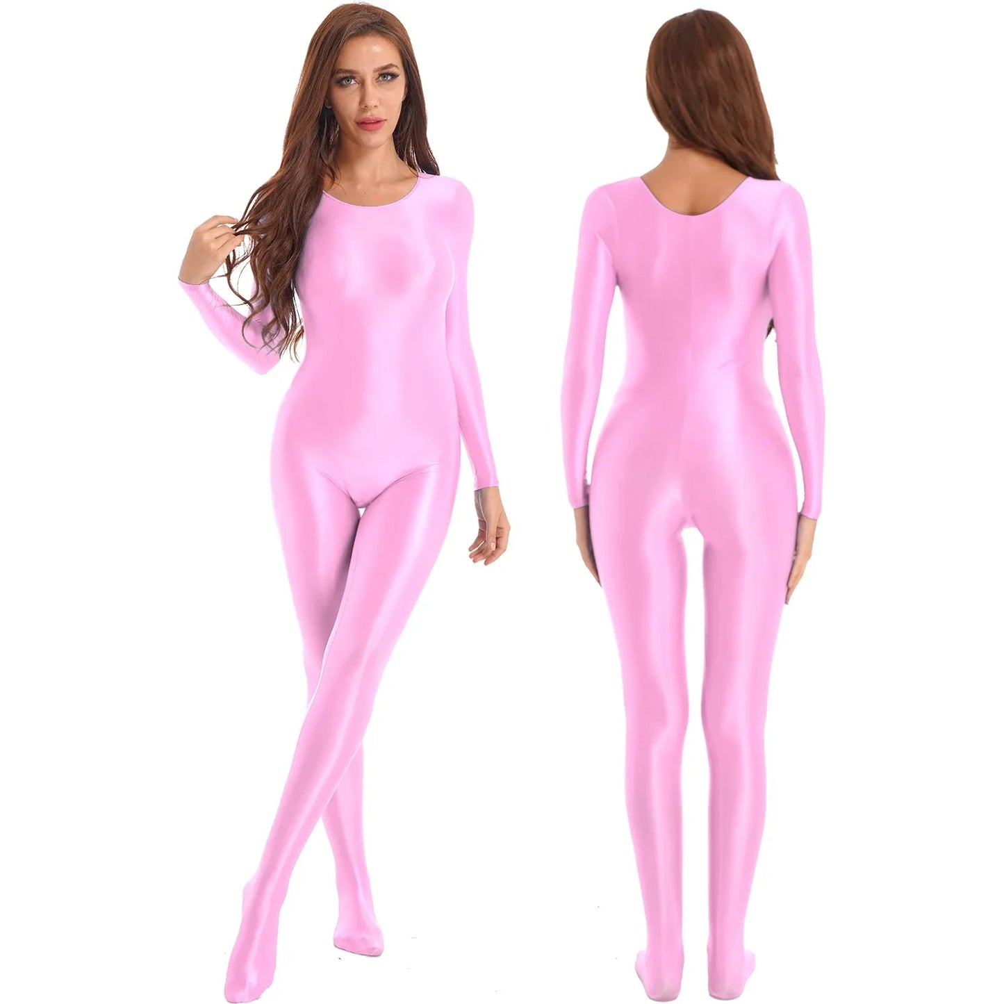 Women's Sexy Jumpsuits Long Sleeves Shapping Bodysuit Tight Elastic Oil Glossy Candy Color Unisex Leotard Exotic Club Clothing