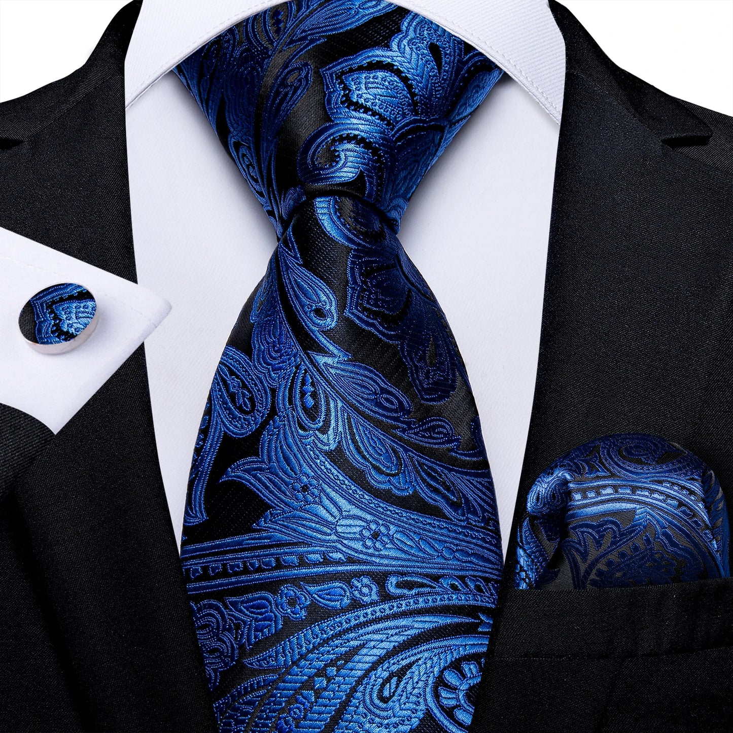 Royal Blue Paisley Plaid Striped Men tie Set with Handkerchief Cufflinks Wedding Prom Groom Accessories Perfect Gift for Men BAZAARHUBO