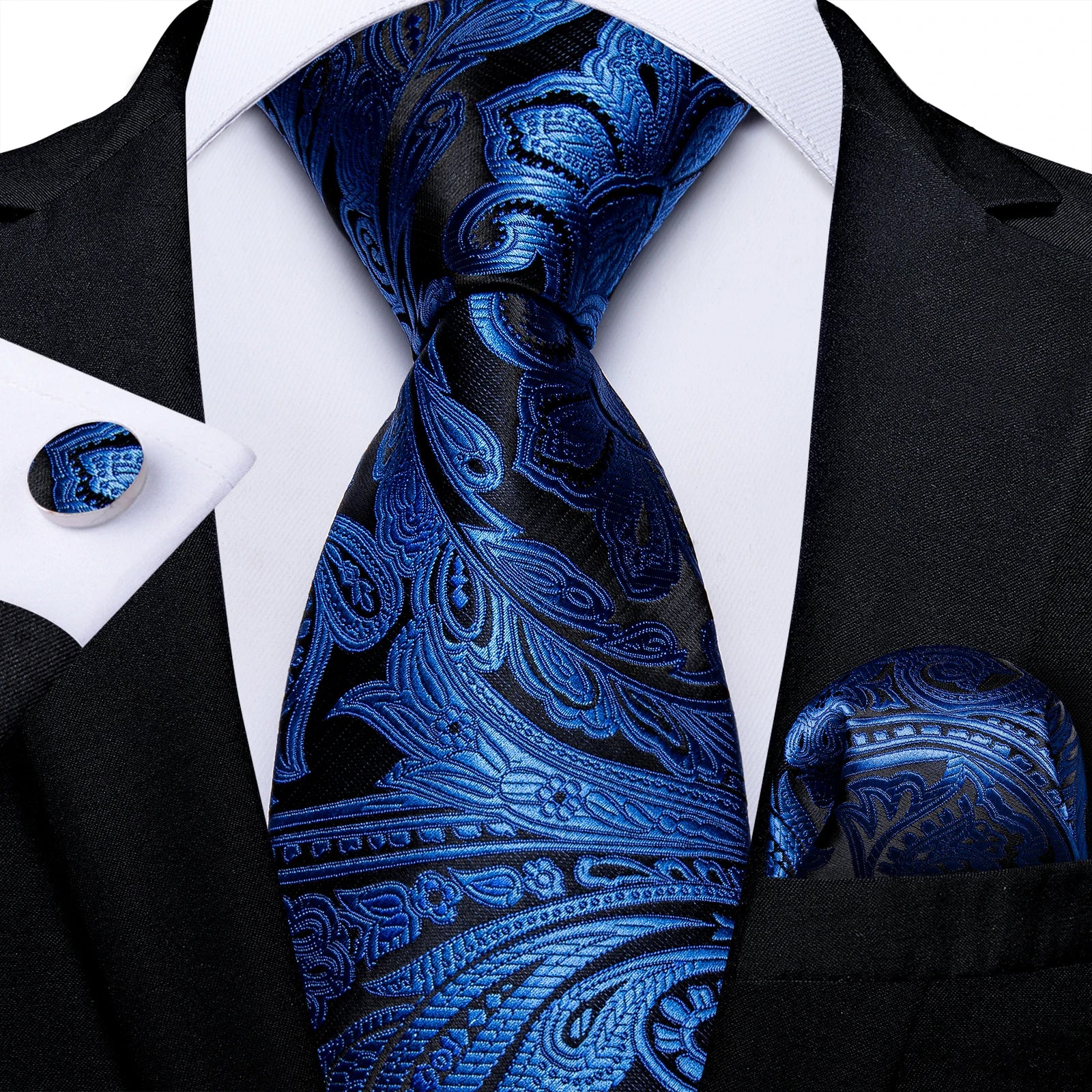 Royal Blue Paisley Plaid Striped Men tie Set with Handkerchief Cufflinks Wedding Prom Groom Accessories Perfect Gift for Men BAZAARHUBO