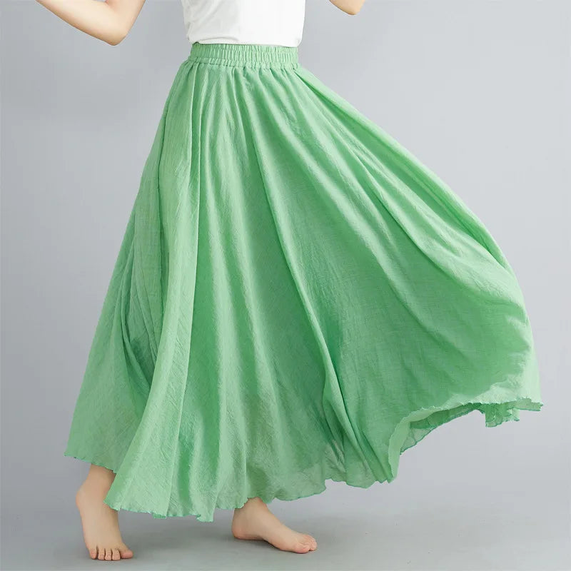 New 2020 Women Linen Cotton Long Elastic Waist Pleated Maxi Skirt Beach Vintage
