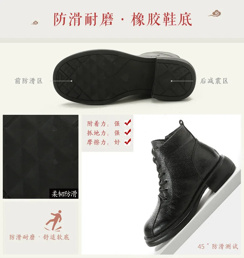 Xiuteng Autumn New Cowhide Mid-Heel Soft-Soled Women's Short Boots Retro Casual Leather  Boots Warm Women's Cotton Shoes
