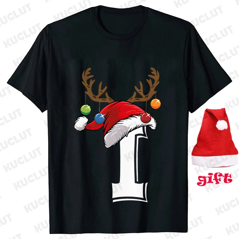 Funny Christmas Party Tshirt Fashion Women T Shirt Tops Short Sleeves T-shirt 26 A~Z Alphabet Casual Tees with Santa Hat Gift