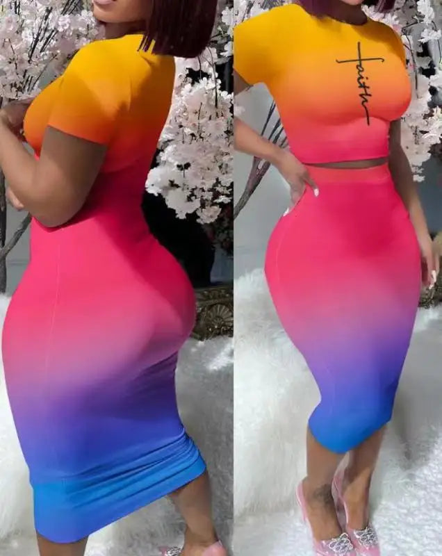Color Print Slim Skirts Two Piece Set Women Fashion Bodycon Short T Shirt High Waist Package Hip Skirt 2 Piece Sets Streetwear