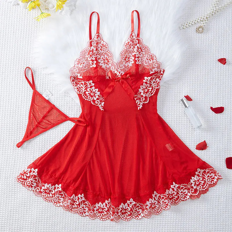 2 Piece Transparent Set Lace Bra Slim Nightgown Set With Thong Erotic Lingerie Pajamas Plus Size Porno Night Dress Sexy Babydoll