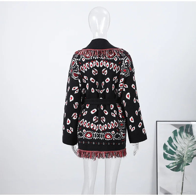 2026 Spring Tassel Knitted Jacquard Women's Cardigans Loose Patchwork V-neck Long Sleeve Thick Warm Sweater Lady New Knitwear