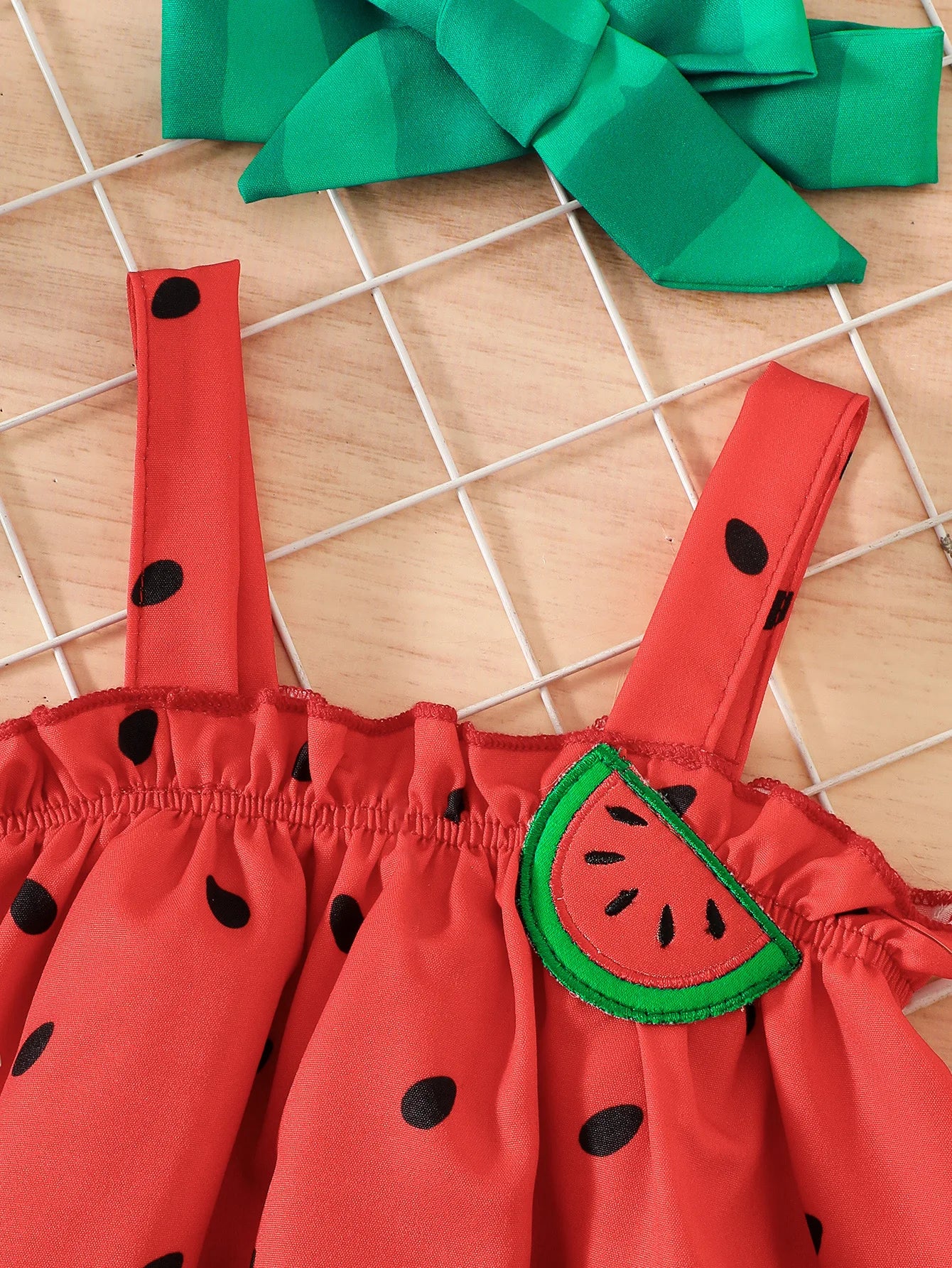 Baby Girl Watermelon Three-Piece Set: Suspender Dress, Shorts, Headband, Summer Cute Fruit-Themed Outfit