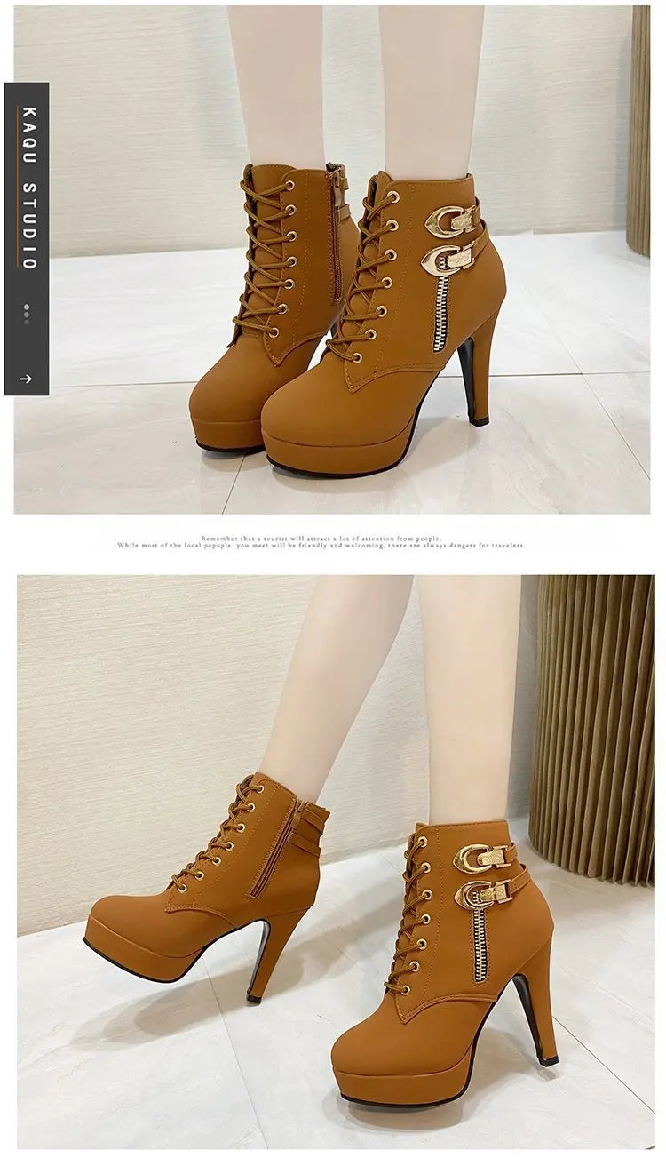 Women High Heels Stiletto Ankle Boots 2025 Autumn Fashion Lace-up Side Zipper Boots Female Platform Solid Color Short Booties