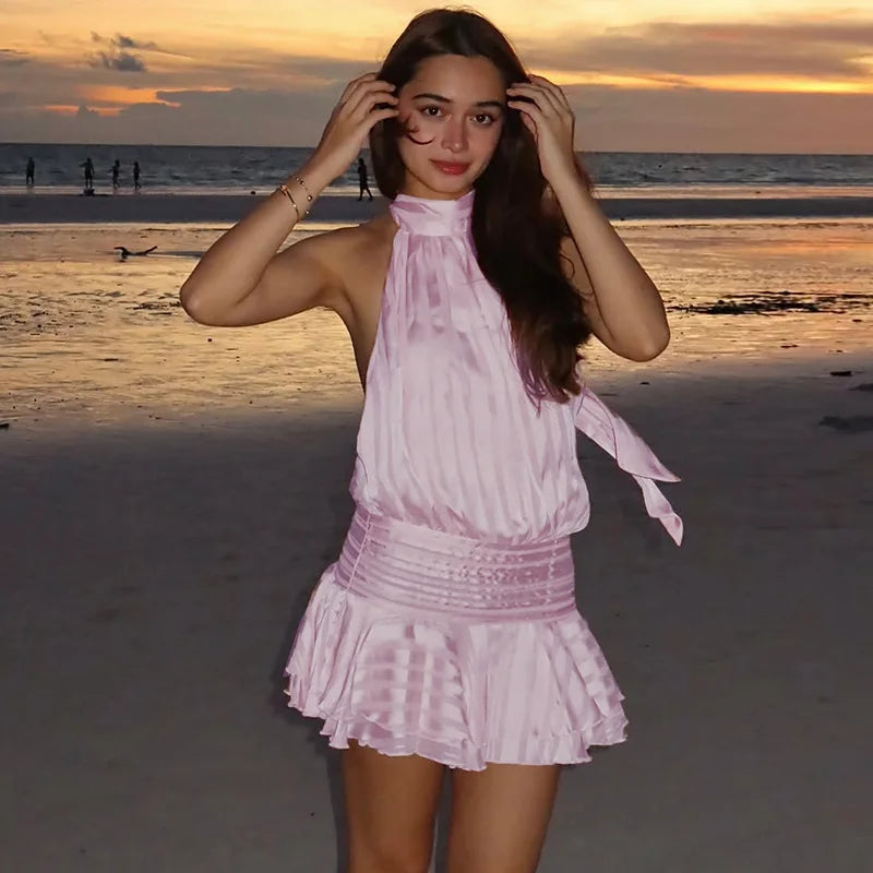 Stunning Shiny Ruffles Lace Up Mini Dress Women's Chic Loose Hollow Out A-line Pleated Vestidos 2026 New Lady Summer Party Gowns