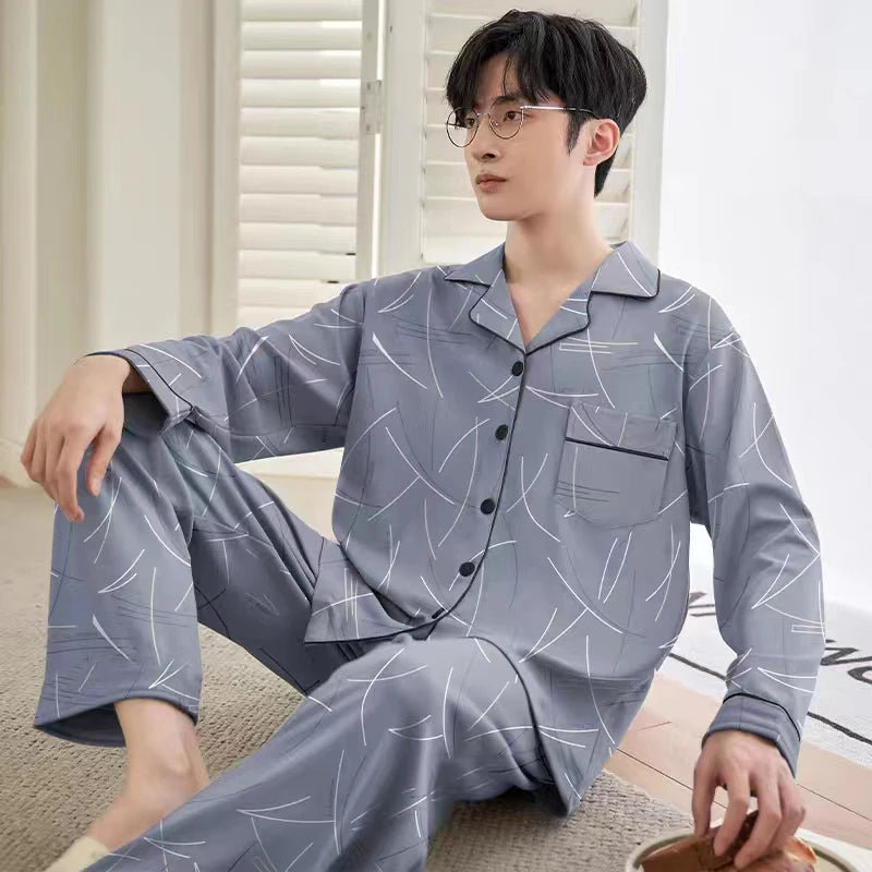 Pajamas for Men Spring and Autumn Long-Sleeved Young Men's Simple Casual Lapel Autumn and Winter Home Wear Set