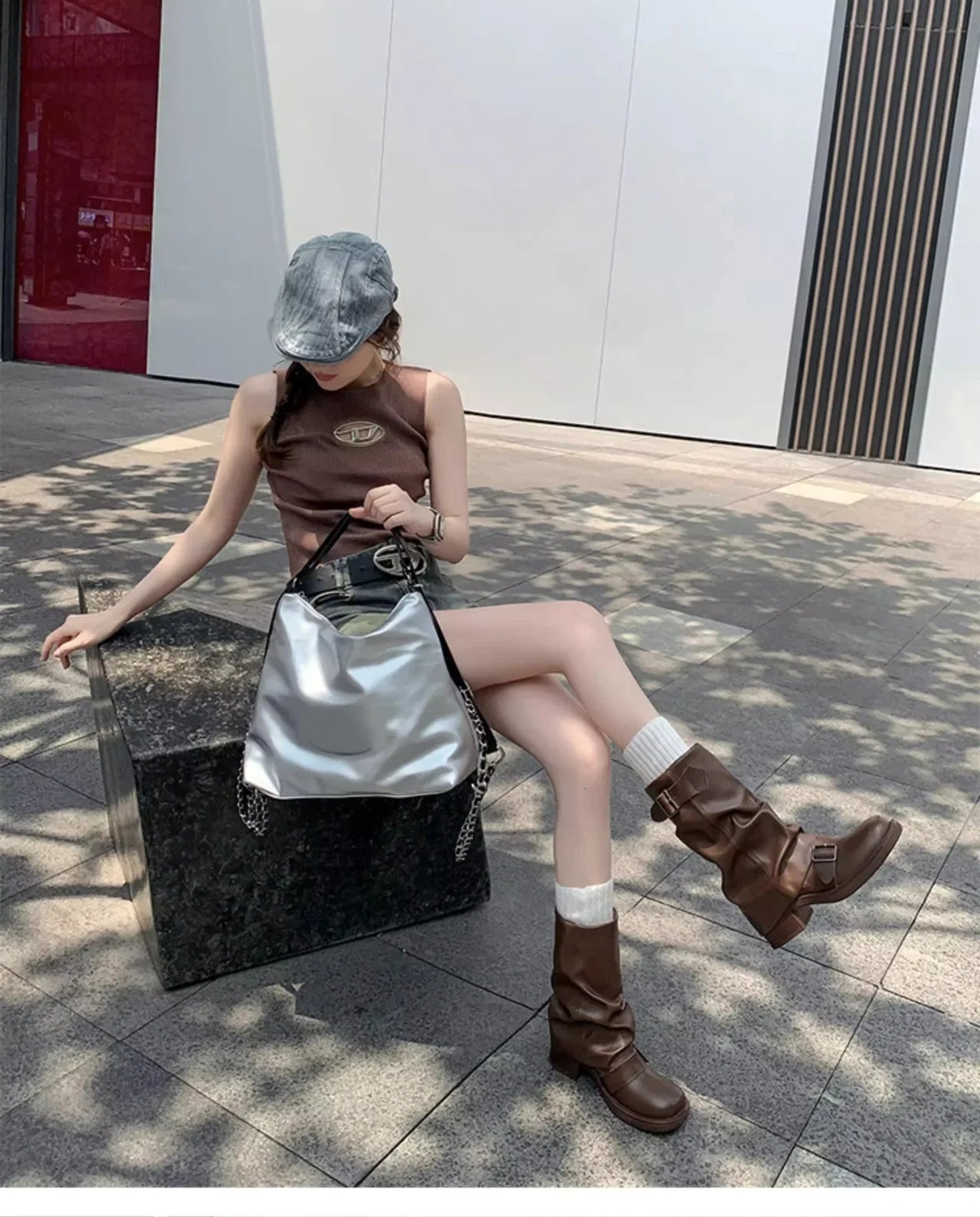 Pleated Buckle Knight Boots for Women Autumn Brown PU Leather Mid Calf Boots Woman Slip-On Thick Heel Riding 2024