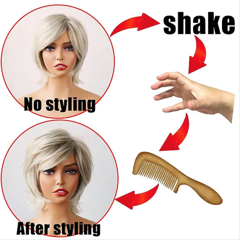 HAIRJOY Synthetic Hair Short Curly Brown Mixed Blonde Highlight Wigs with Bangs for White Women