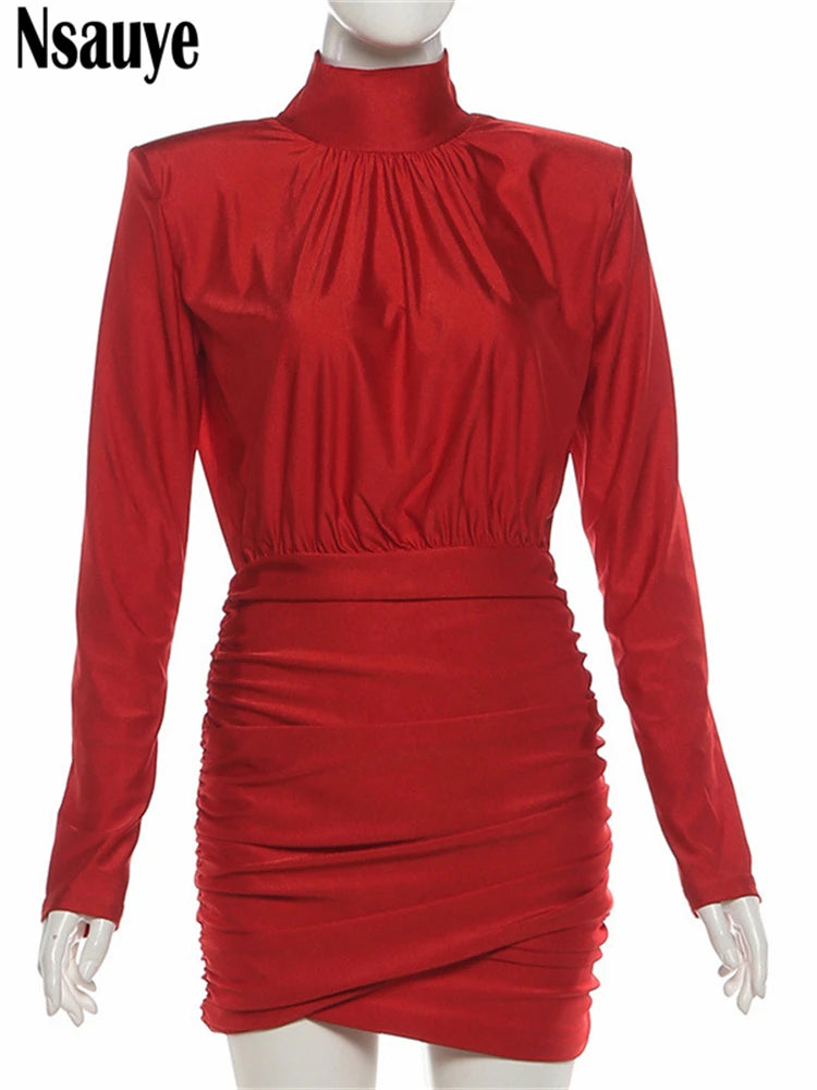 Nsauye Black Long Sleeve Mini Short Fashion Women Winter Dress Pullover Turtleneck Wrap Sexy Evening Party Night Club Dress 2025