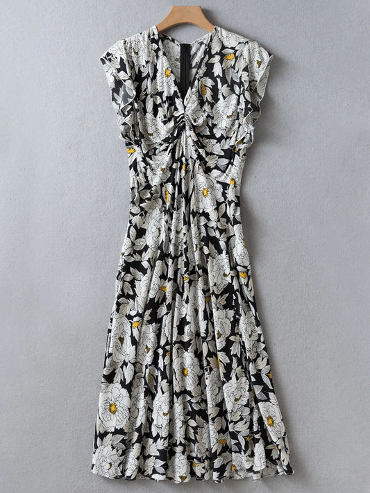 Summer Collection | Black & White Rose Print Wrap Dress | V-Neck Sleeveless Crepe Midi Dress | US2-US12