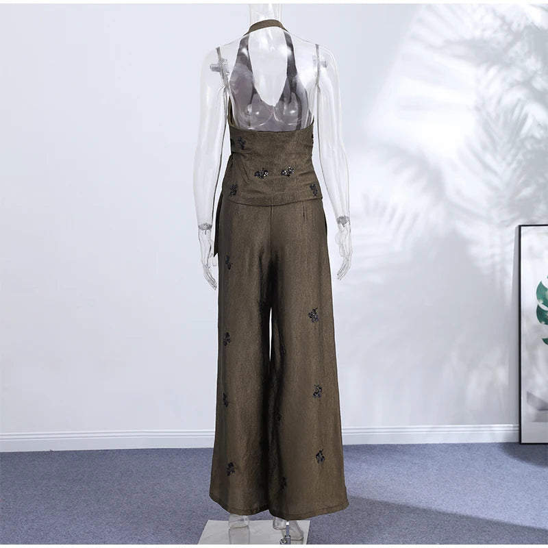Sequins Women's Pant Sets Sexy Halter Neck Wrap Top Wide Leg Pants Two Piece Set Female 2026 Summer Woman New Vacation Outfit