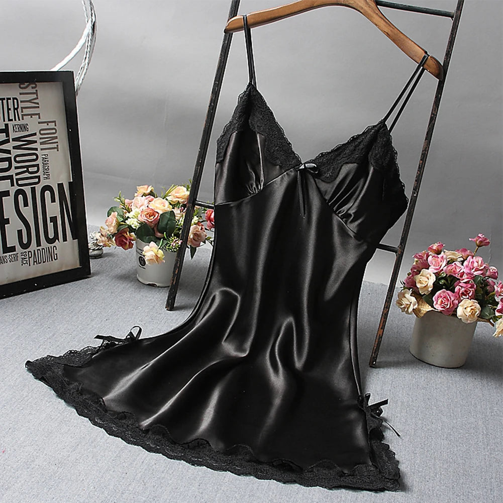Ladies Sexy Silk Satin Night Dress Nightgown Sleeveless Lace Lingerie Sleepwear Ladies Wrap Dress Robe Sleepwear