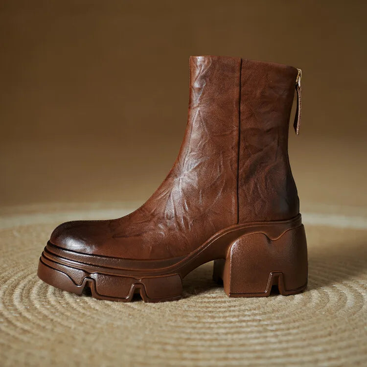 NEW Autumn Women Boots Genuine Leather Shoes for Women Round Toe Chunky Heel Shoes Concise Zip Platform Boots Soft Daily Shoes