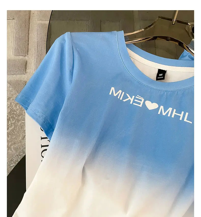 2024 Spring/Summer New Fashionable Gradient Short Sleeve+High Waist Wide Leg Pants Casual Two Piece Set