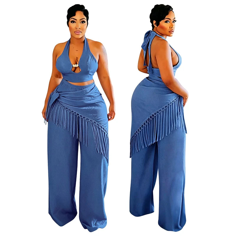 Sexy Two Piece Sets Woman Festival Outfit Birthday Club Party Bandage Halter Backless Crop Top and Tassel Pants Matching Sets