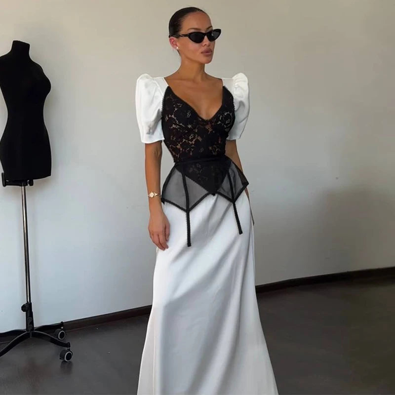 Lace Trim Satin Peplum Midi Dress Deep V-Neck Puff Sleeve A-Line 2026 Spring Summer Chic Elegant Romantic Women Cocktail Dress