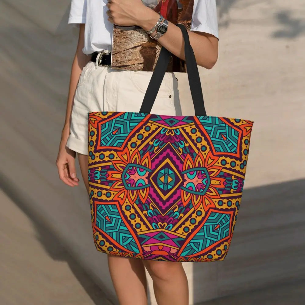 African Ankara Prints Grocery Shopping Tote Bags Women Geometric Ethnic Art Canvas Shoulder Shopper Bags Big Capacity Handbag