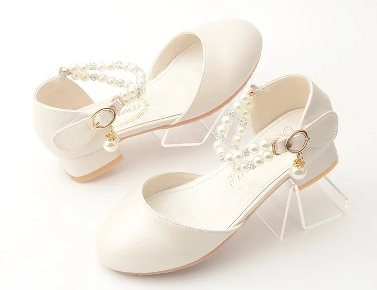 Pink Black White Party Wedding Shoes Children's High Heels Girl Shoe Elegan Pearl Princess Dress Girls Heel Shoes Child 2024 New