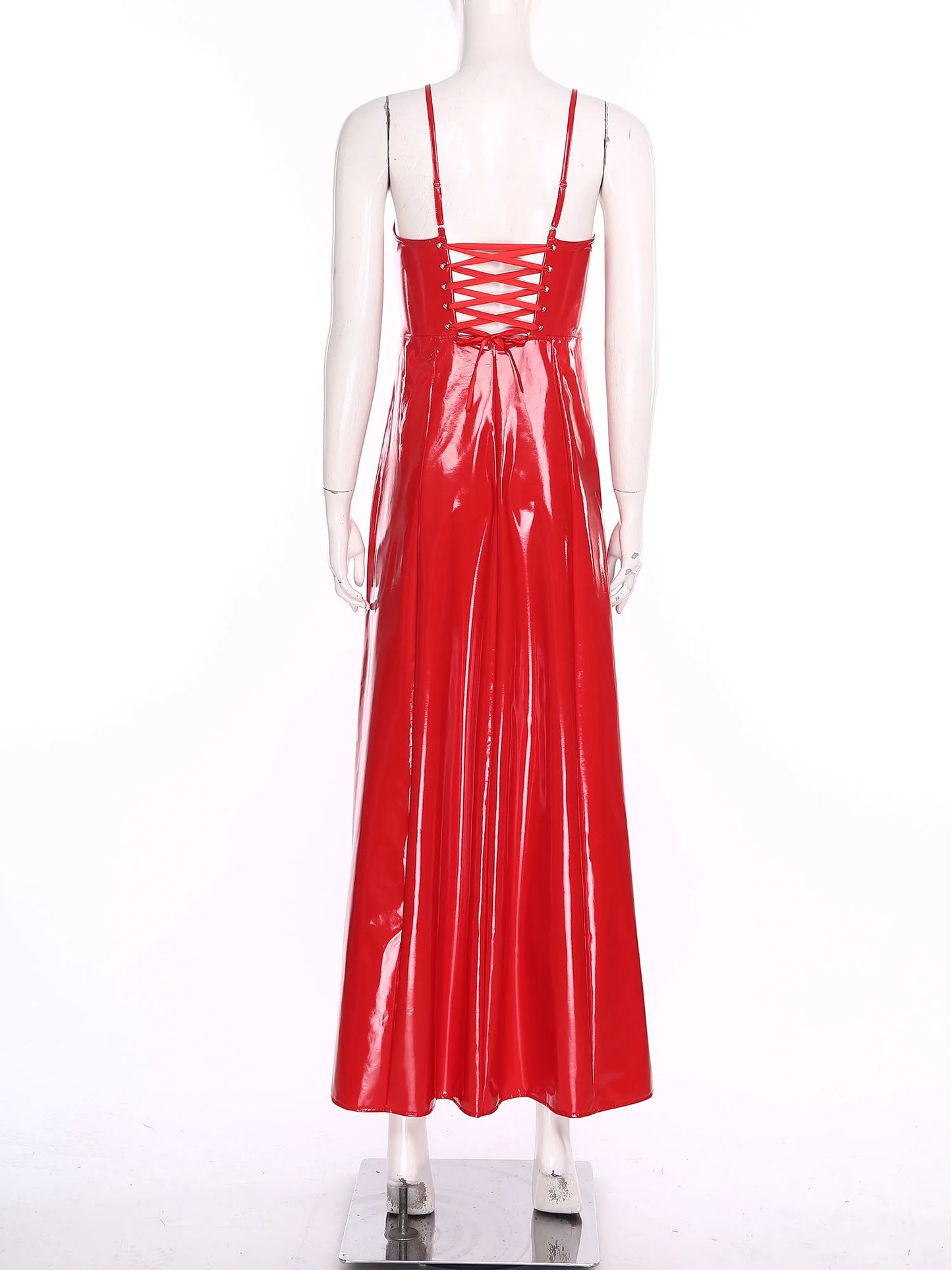 Womens Gothic Punk Glossy Maxi Dress PU Leather Side Slit Hem Back Lace-up Sling Bodycon Dress Raves Party Costume Clubwear