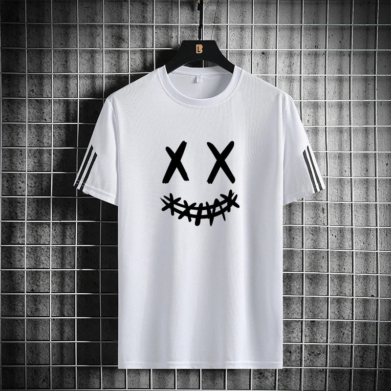 Three bar trendy men's printed sports set with smiling face pattern, mesh breathable round neck T-shirt, two-piece pants set new