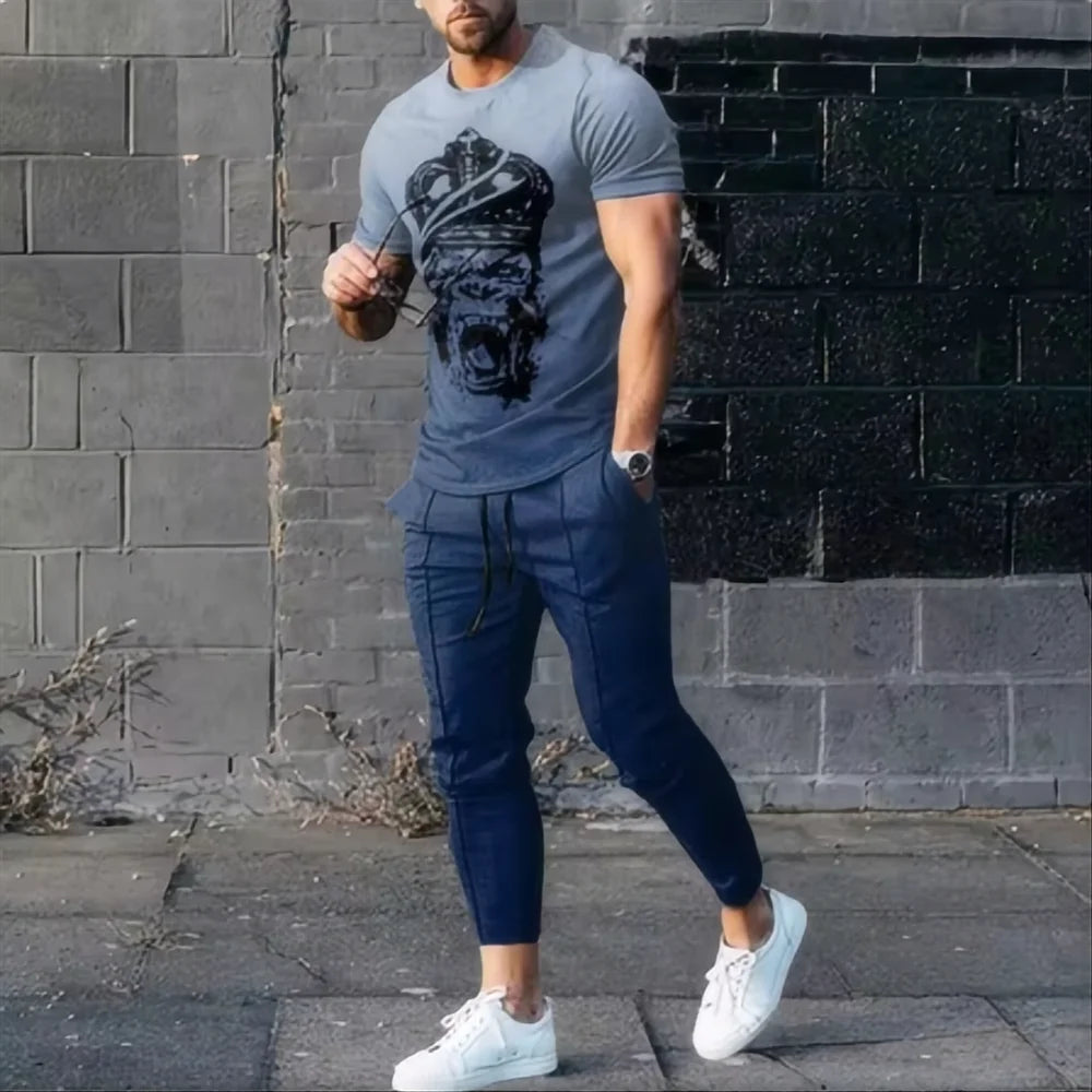 Men's sports set 2-piece jogging suit 3D printed summer fashion new style fun smile short sleeved men's T-shirt+pants
