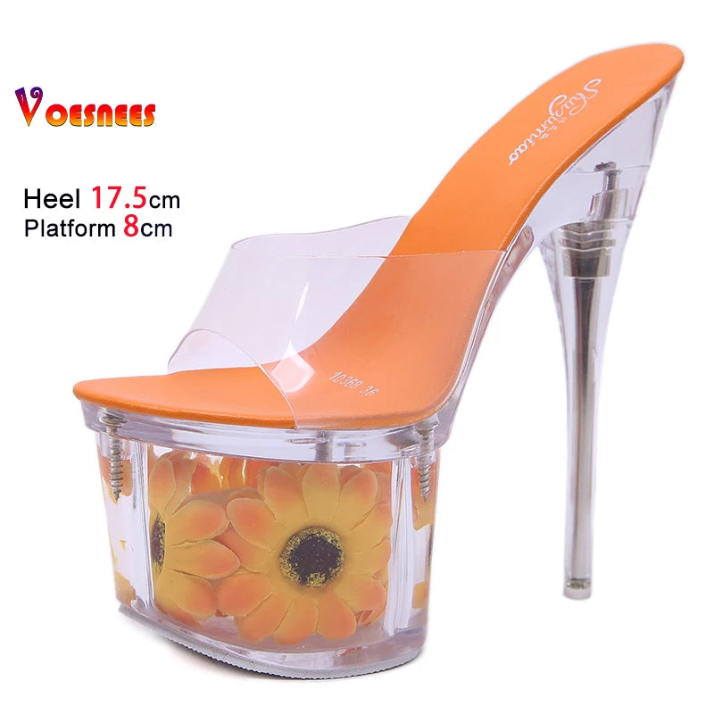Crystal Transparent Shoes Women 17.5CM Super High Heels Plus Size Nightclub Sandals Clear Thin Heeled Fashion Female Slippers