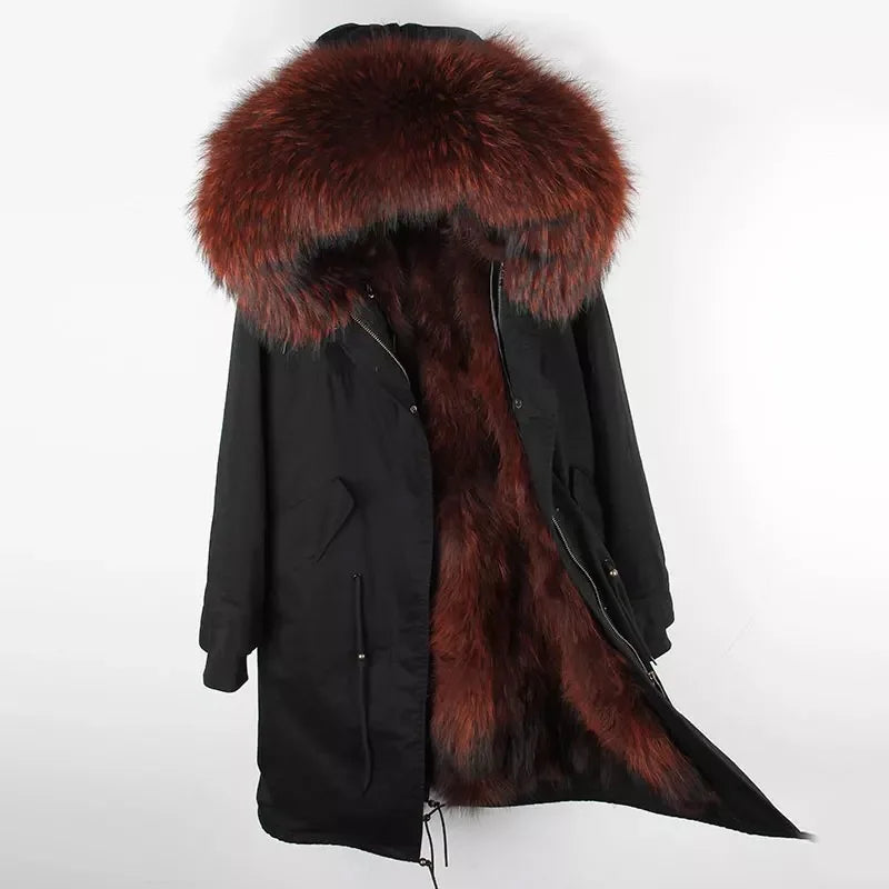 Maomaokong Winter Woman Natural Fur Overcoat Plus Size Black Parkas Raccoon Real Fur Lining Extra Larg Warm Jacket Coats Long