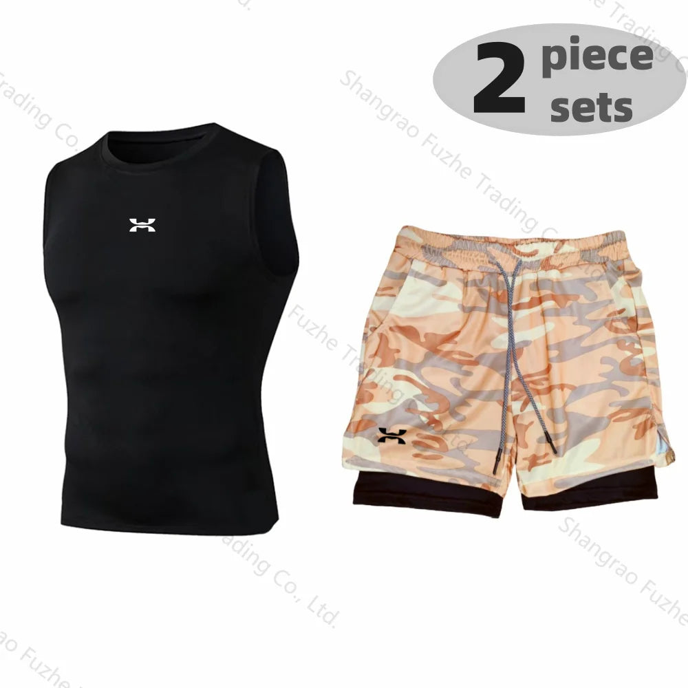 Sports Boxing Sets Basic Sleeveless Shirt+2-in-1 Shorts Sets Gym Compression Quick Drying Training Workout Stretch Skinny Sets