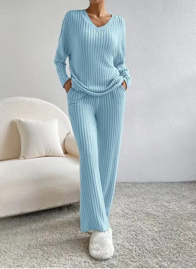Fashionable Knitted Two-Piece Set Casual V-Neck Long Pants Autumn Winter New Style Loose Fit Korean Style Comfortable Polyester