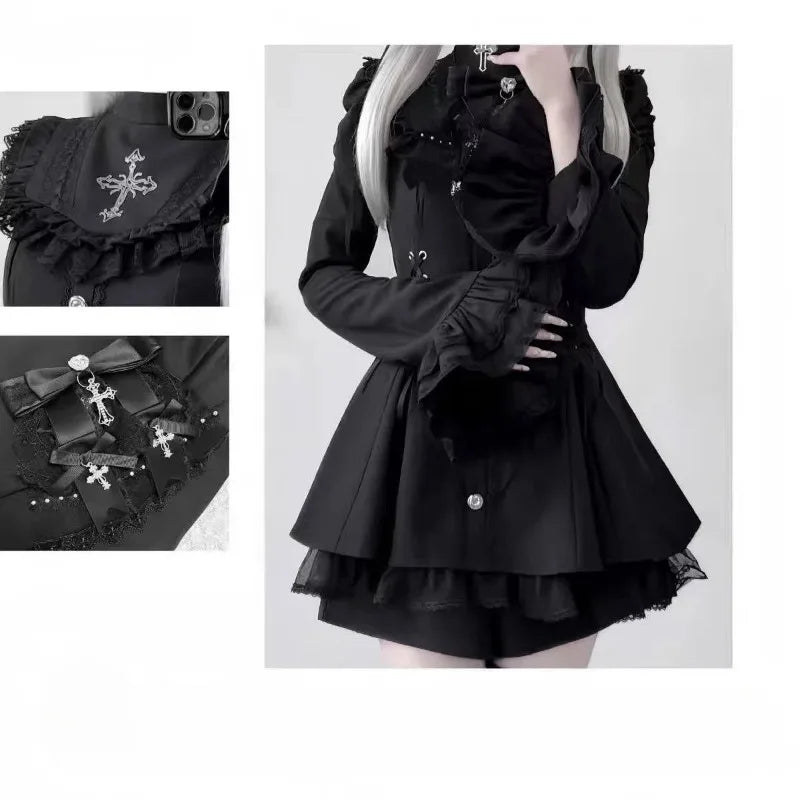 Gothic Vintage Lace Y2k Mini Dress Women Design Streetwear Black Lolita Slim Dress Long Sleeve Elegant Dress Spicy Girls