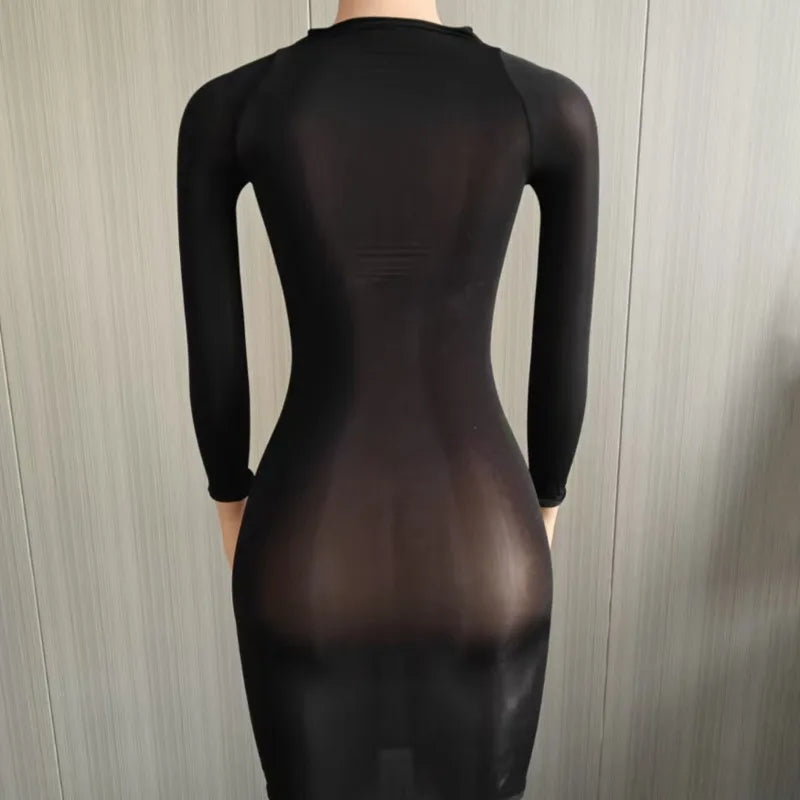 Sexy Ultra-Elastic Perspective Thin Long Sleeved Dress Dress Self-cultivation Women Clothing Tight-fitting Multiple Styles Dress